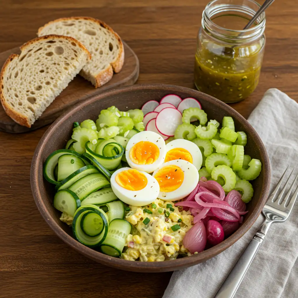 Jammy egg salad with cucumber ribbons, radishes, pickled shallots, and celery