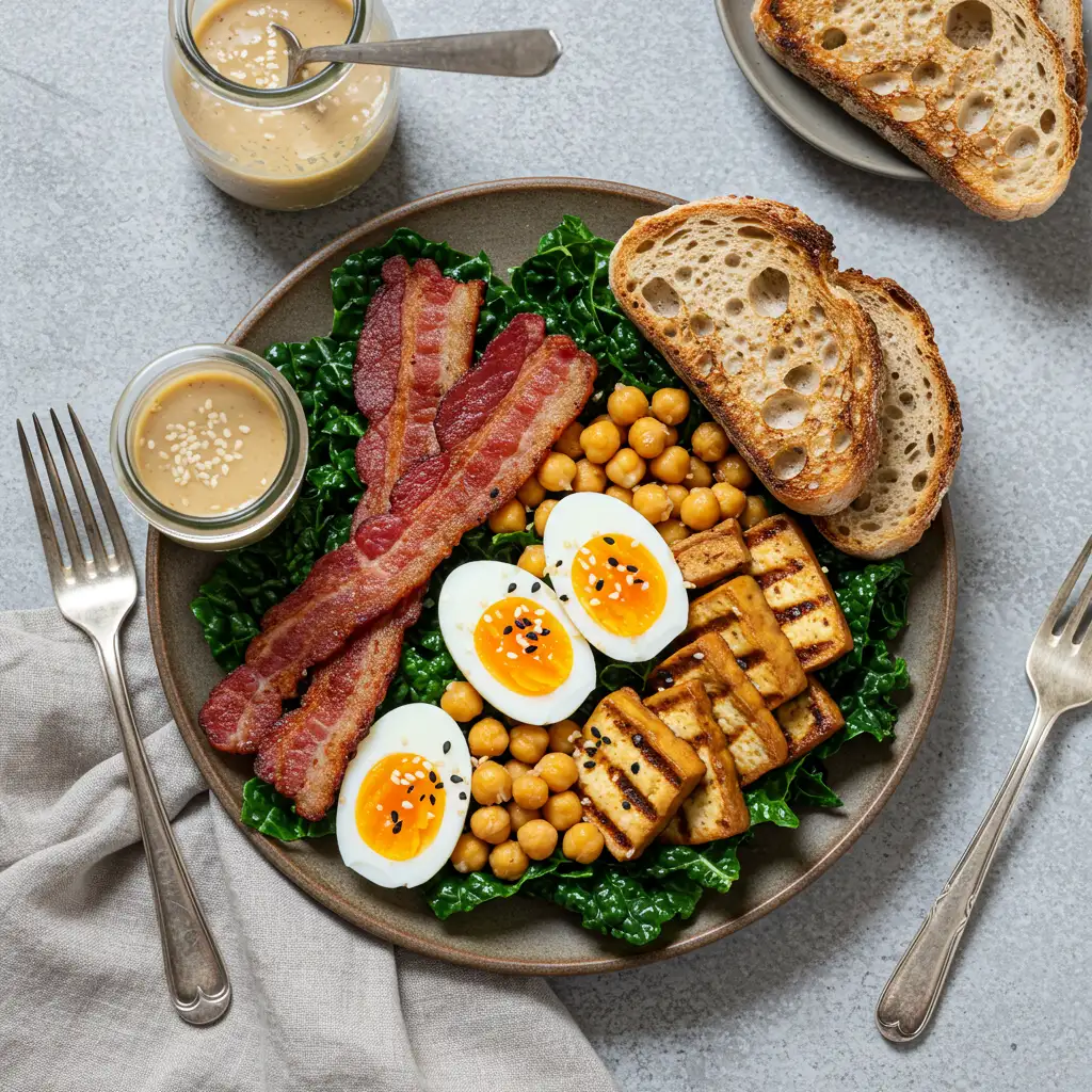 Jammy egg salad with kale, turkey bacon, tofu, chickpeas, and sesame dressing