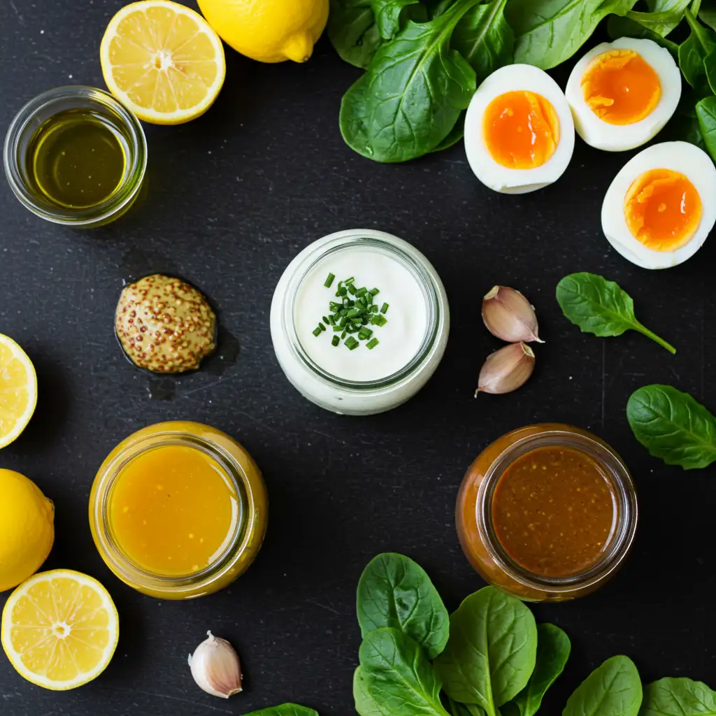 jammy-egg-salad-dressings-olive-oil-vinaigrette-yogurt-miso.webp Three jammy egg salad dressings with olive oil vinaigrette, yogurt, and miso-ginger