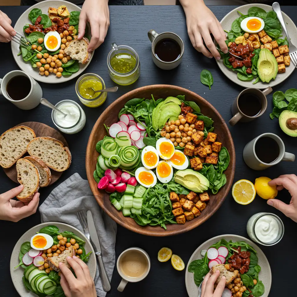 jammy-egg-salad-family-serving.webp Family-style serving of jammy egg salad in a rustic ceramic bowl with fresh vegetables, surrounded by small empty plates, toast, and coffee on a matte black farmhouse table.