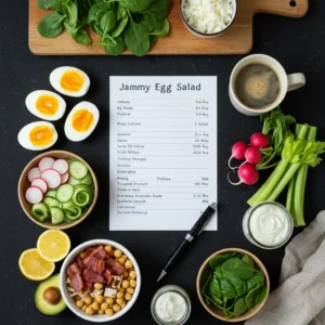 Jammy egg salad recipe card surrounded by fresh ingredients like jammy eggs, chickpeas, cucumber ribbons, radishes, avocado, spinach, turkey bacon, and yogurt dressing.