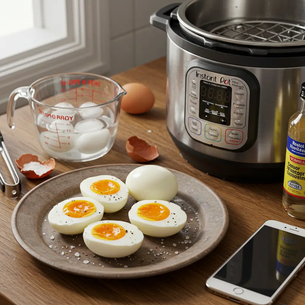 Tools and Step-by-Step Setup for Perfect Instant Pot Jammy Eggs
Essential tools and ingredients for making Instant Pot jammy eggs, including the pressure cooker, eggs, water, timer, and vinegar.
