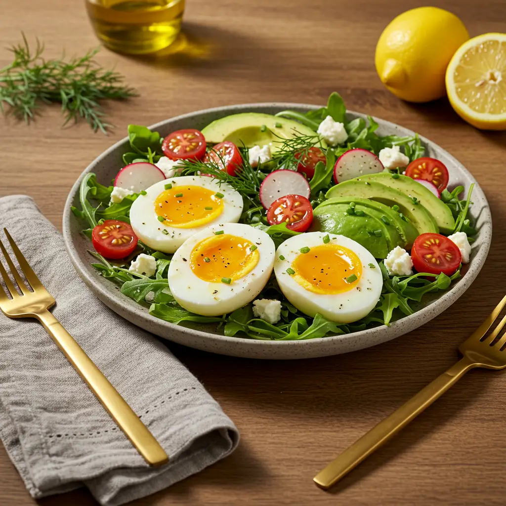 Creative Serving Idea: Instant Pot Jammy Eggs on a Fresh Avocado Salad Jammy eggs served over a fresh salad with avocado, cherry tomatoes, radish, arugula, and feta cheese.