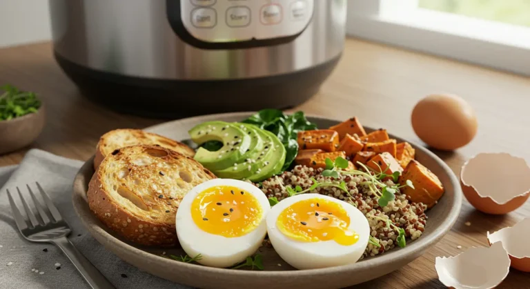 Smart breakfast bowl with Instant Pot jammy eggs, avocado, roasted sweet potatoes, quinoa, and sourdough toast.