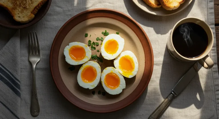 Sous vide jammy eggs on rustic Southern breakfast plate with coffee