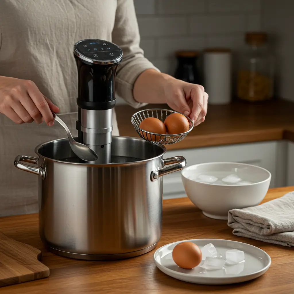 sous-vide-jammy-eggs-step-tools-pot-ice-bath.webp Using a sous vide machine and ice bath to make jammy eggs step by step