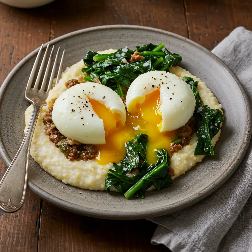sous-vide-jammy-eggs-serving-grits-greens.webp Sous vide jammy eggs served over grits and greens with runny yolk