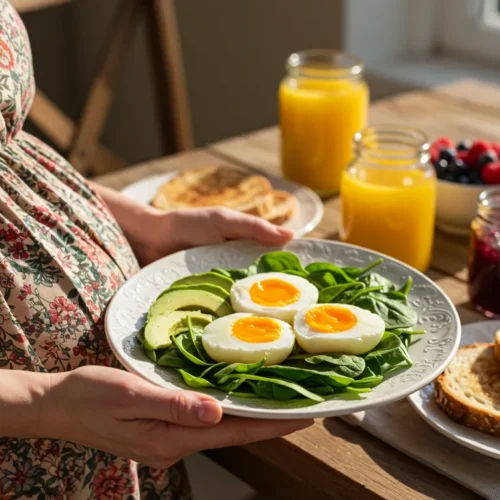 Can Pregnant Women Eat Jammy Eggs? – Soft-boiled jammy eggs served with spinach and avocado, a healthy pregnancy breakfast.