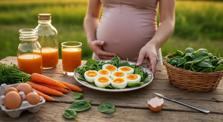 Can pregnant women eat jammy eggs? A photo of a pregnant woman holding a plate of halved jammy eggs on fresh spinach with carrot juice and eggs on a rustic table.