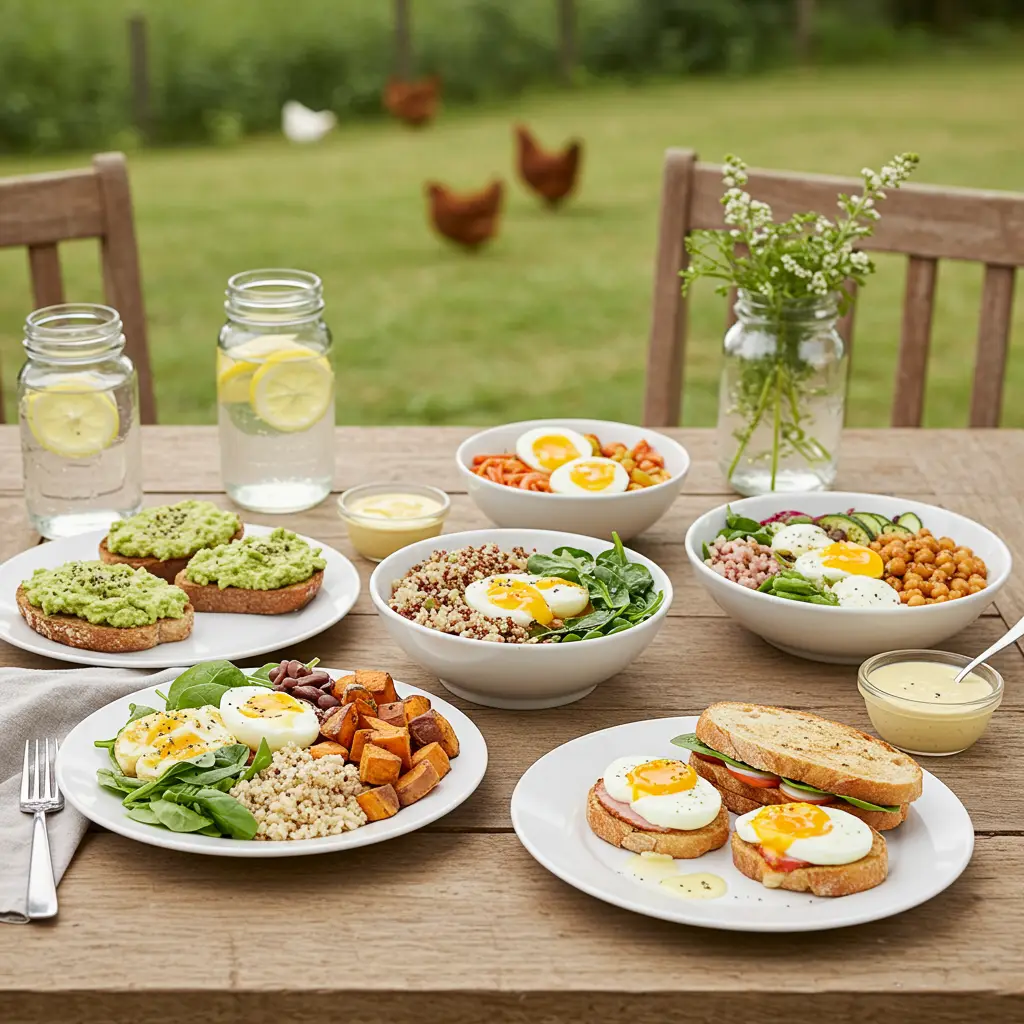 Pregnancy-Safe Jammy Egg Recipes and Pairings – Can Pregnant Women Eat Jammy Eggs? Rustic farm table with pregnancy-safe jammy egg recipes, including avocado toast, quinoa bowls, salads, and sandwiches, set outdoors with chickens in the background
