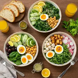 Three gourmet jammy egg salads in Mediterranean, Asian, and classic styles