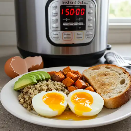 Jammy soft-boiled eggs with creamy golden yolks served with healthy breakfast plate and Instant Pot