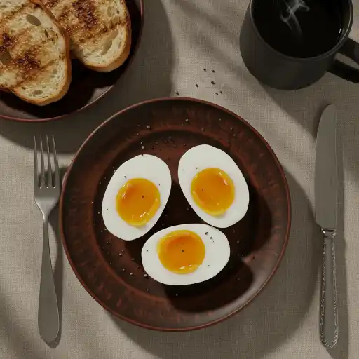 Sous vide jammy eggs with golden yolks served on a rustic breakfast plate with coffee and toast