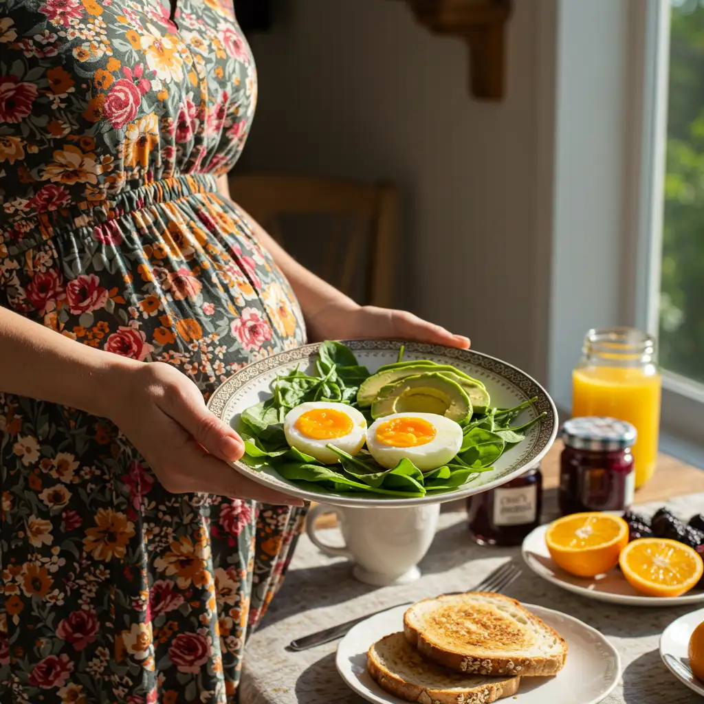 Pregnant woman holding healthy jammy eggs breakfast with greens