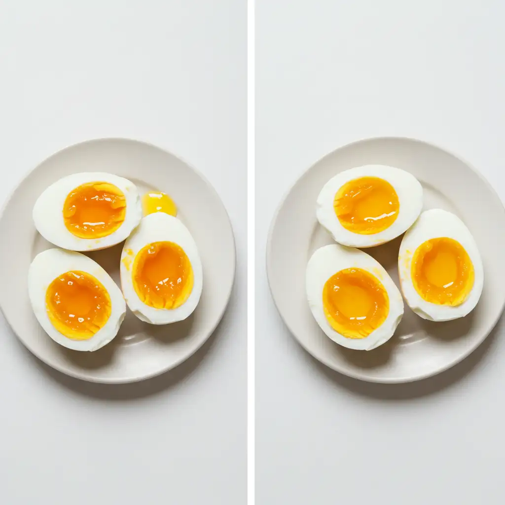 Side-by-side plates comparing jammy egg textures and yolk consistency