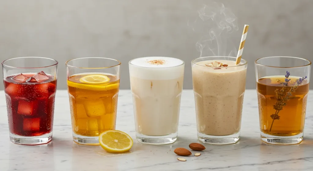 Side view of five bedtime drinks for insomnia in clear glasses