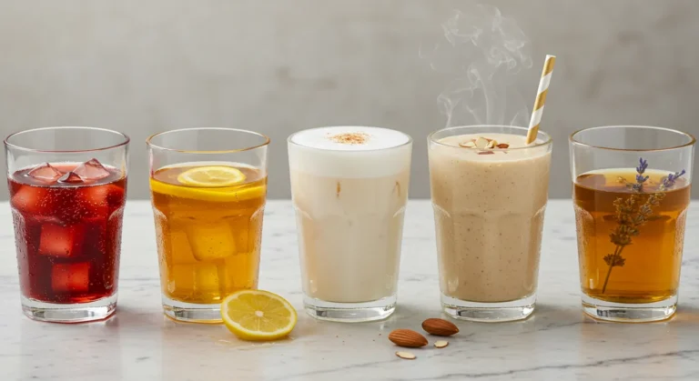 Side view of five bedtime drinks for insomnia in clear glasses