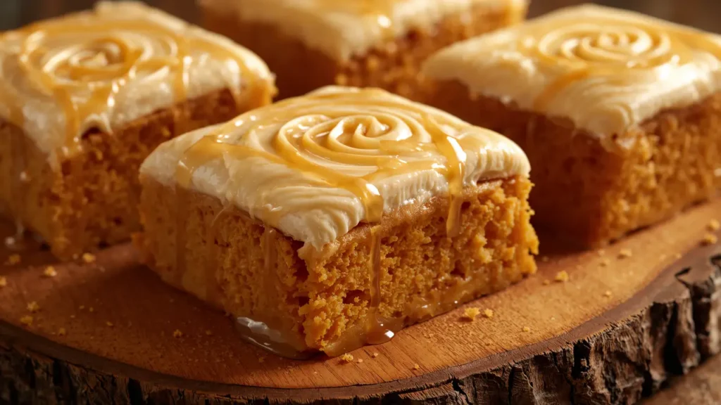 Moist pumpkin bars topped with cream cheese frosting and caramel drizzle, bakery showcase