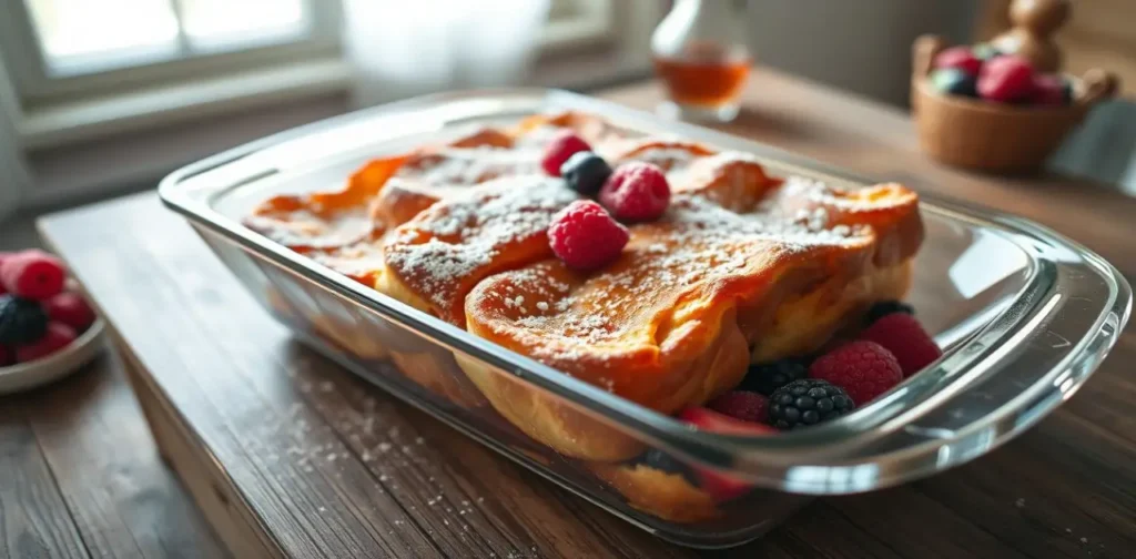 Paula Deen French toast casserole topped with powdered sugar and berries