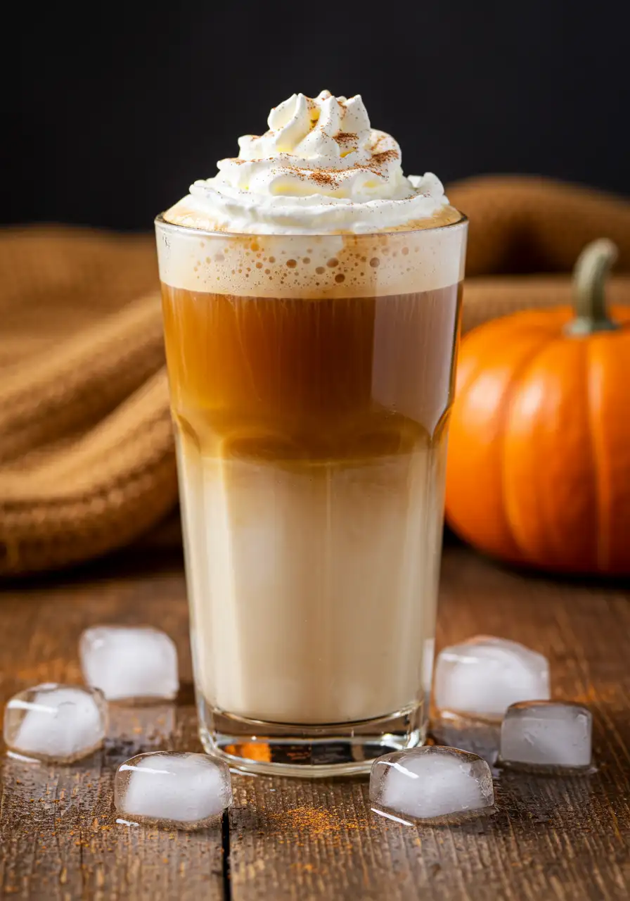 Iced pumpkin spice latte recipe in tall glass with cinnamon