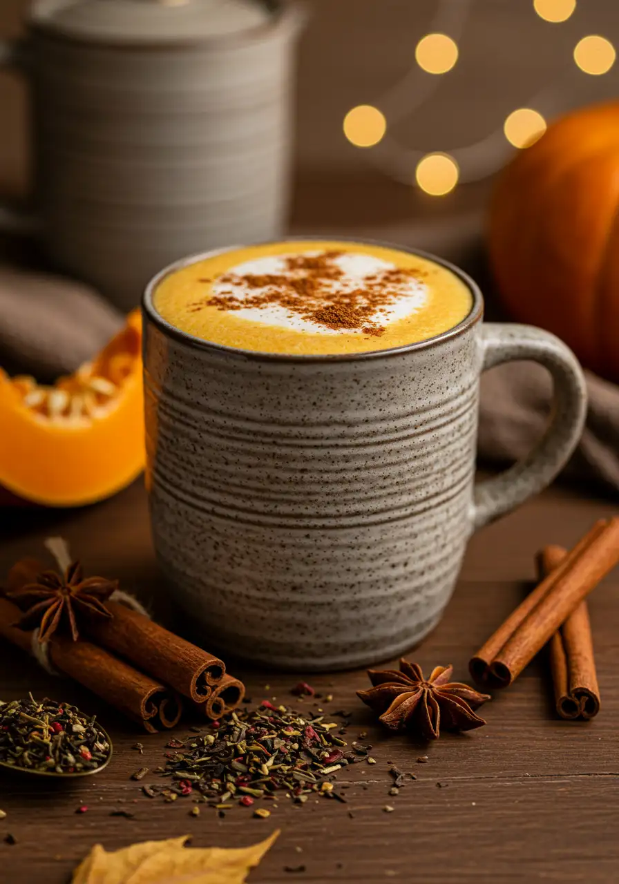 Dirty chai pumpkin spice latte in ceramic mug