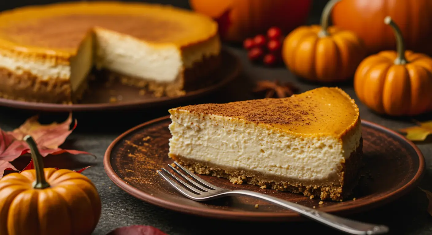 pumpkin cheesecake slice on rustic plate with fall background