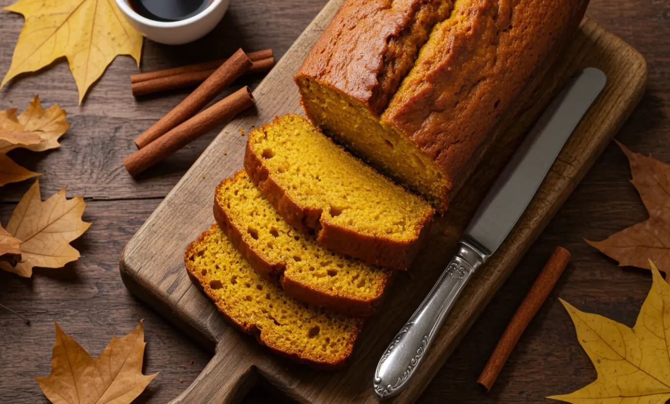 Moist pumpkin bread recipe with slices on rustic board