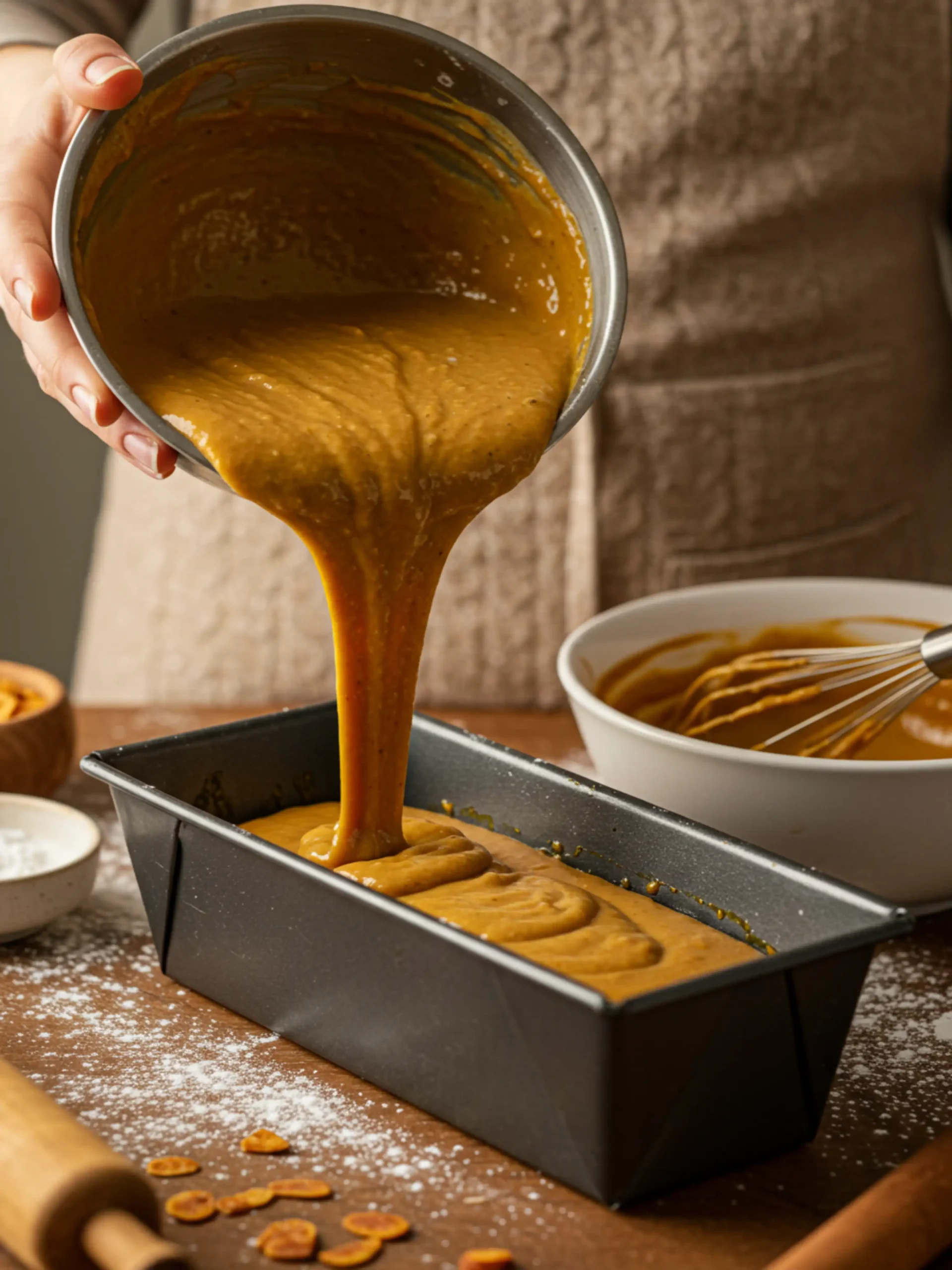 Pumpkin bread batter being poured into a loaf pan