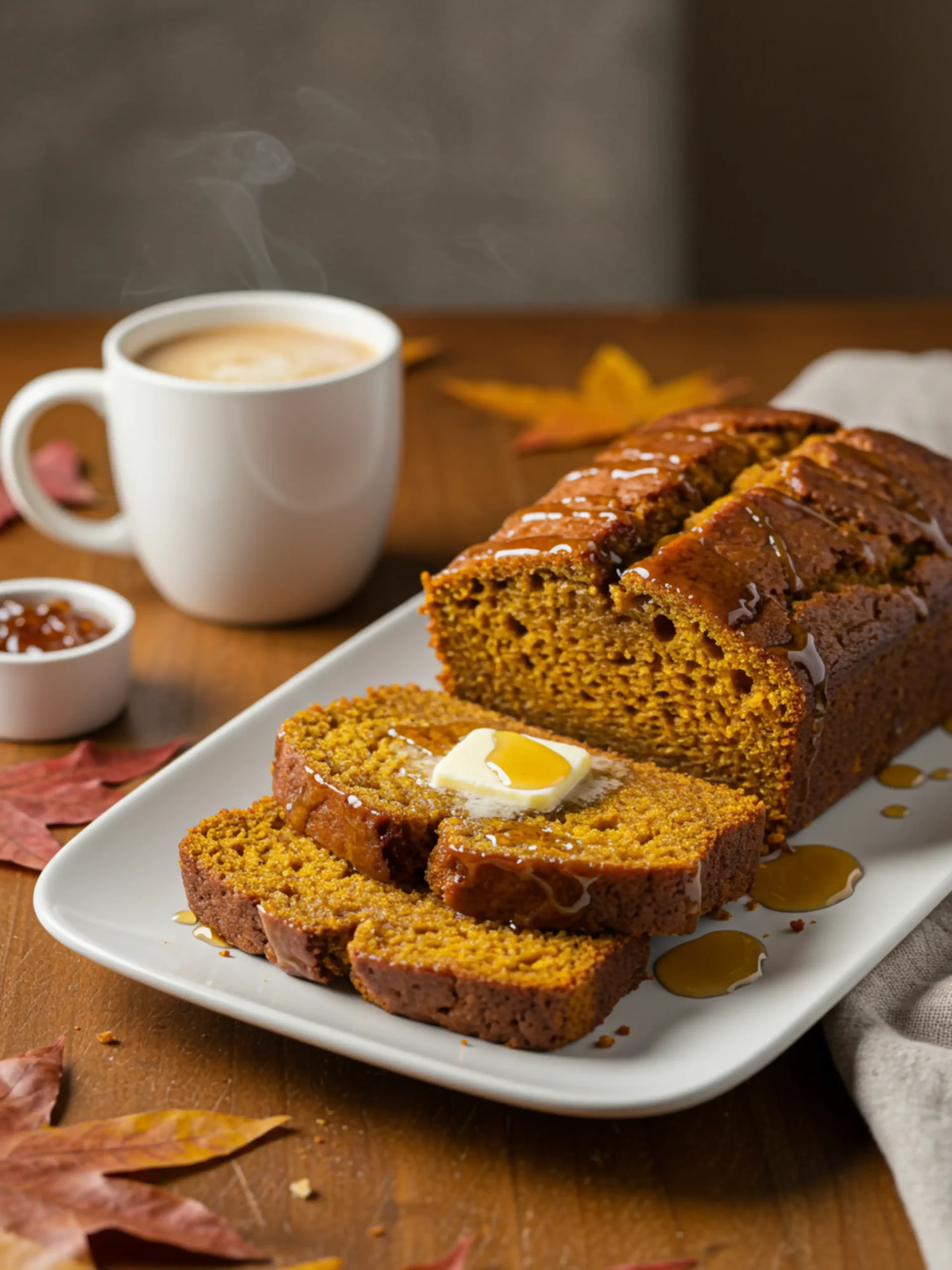 Sliced pumpkin bread served with butter and coffee