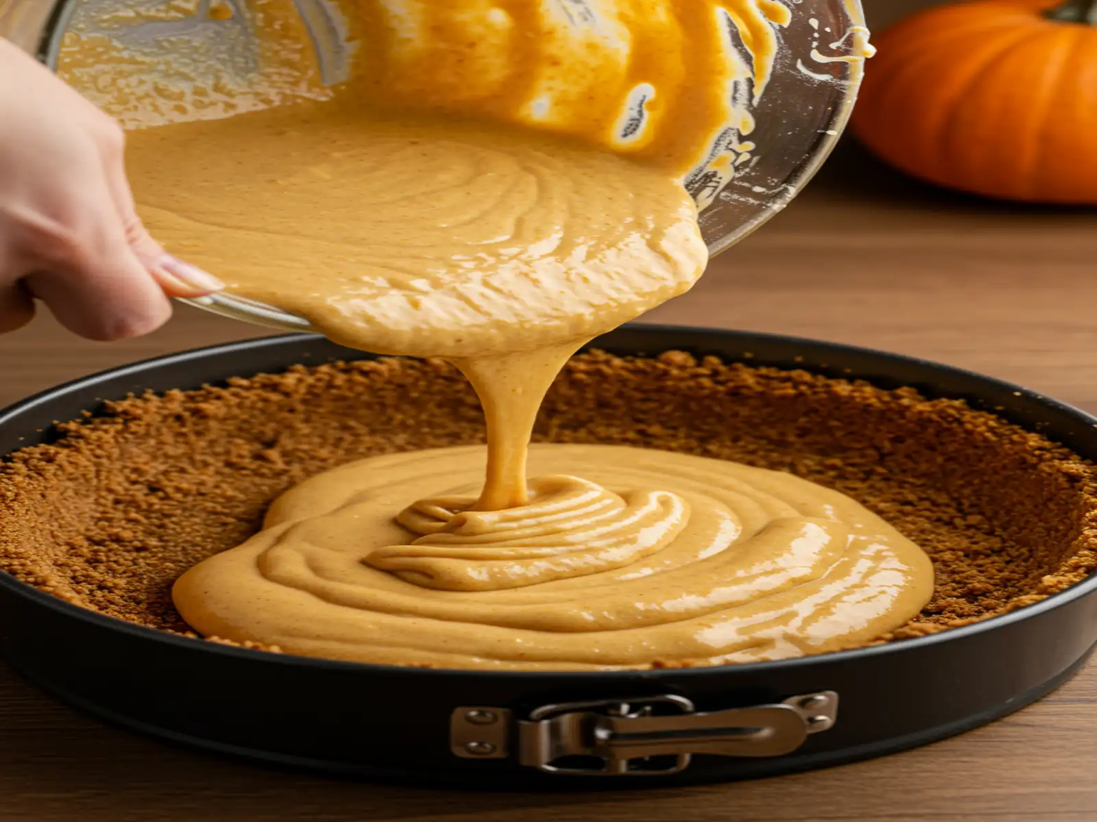 pumpkin-cheesecake-filling-step.webp pumpkin cheesecake filling being poured into crust