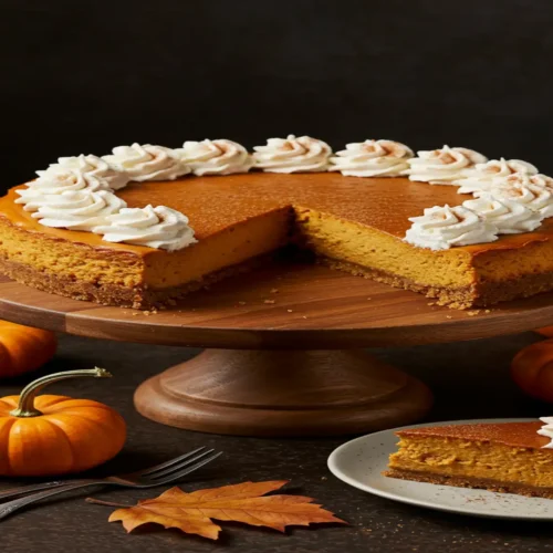 pumpkin cheesecake on wooden stand with whipped cream and autumn decor