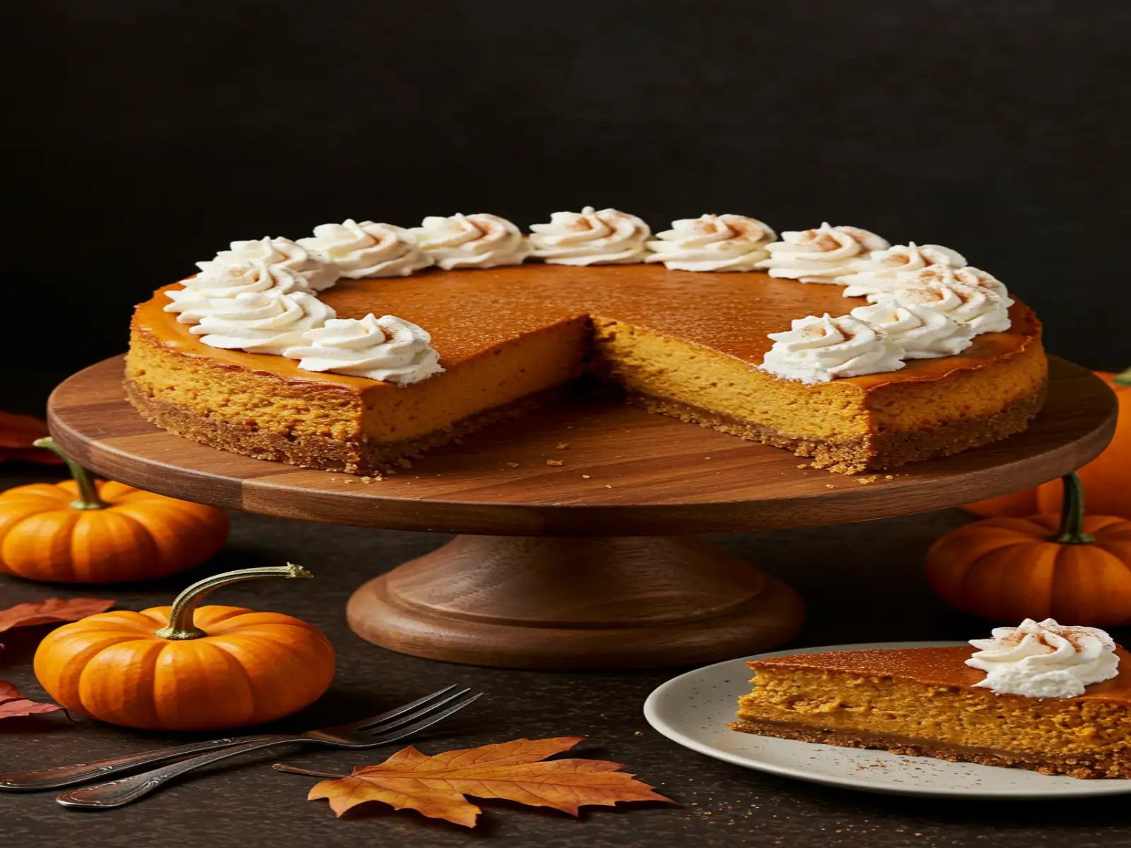 serving-ideas-pumpkin-cheesecake-slice.webp sliced pumpkin cheesecake on serving plate with whipped cream