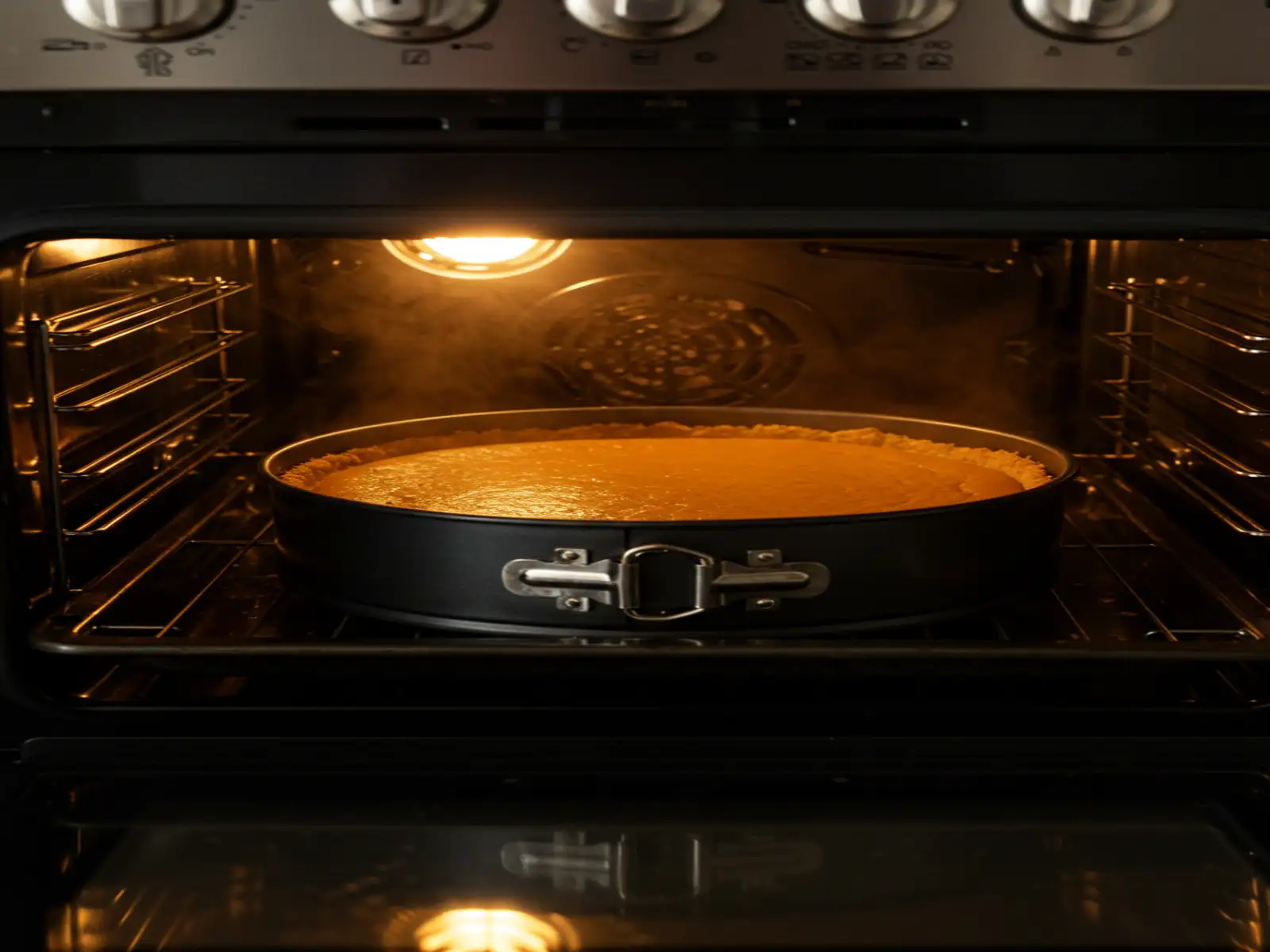 baking-tips-pumpkin-cheesecake-oven.webp pumpkin cheesecake baking in a water bath in the oven