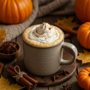 Whipped cream pumpkin spice latte in a cozy fall setting with cinnamon and pumpkins
