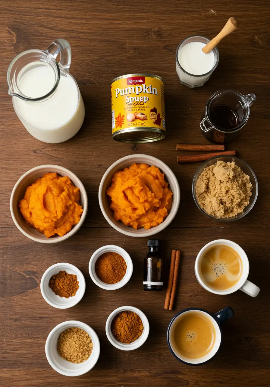 Pumpkin spice latte ingredients flat lay with pumpkin purée, milk, spices, and coffee