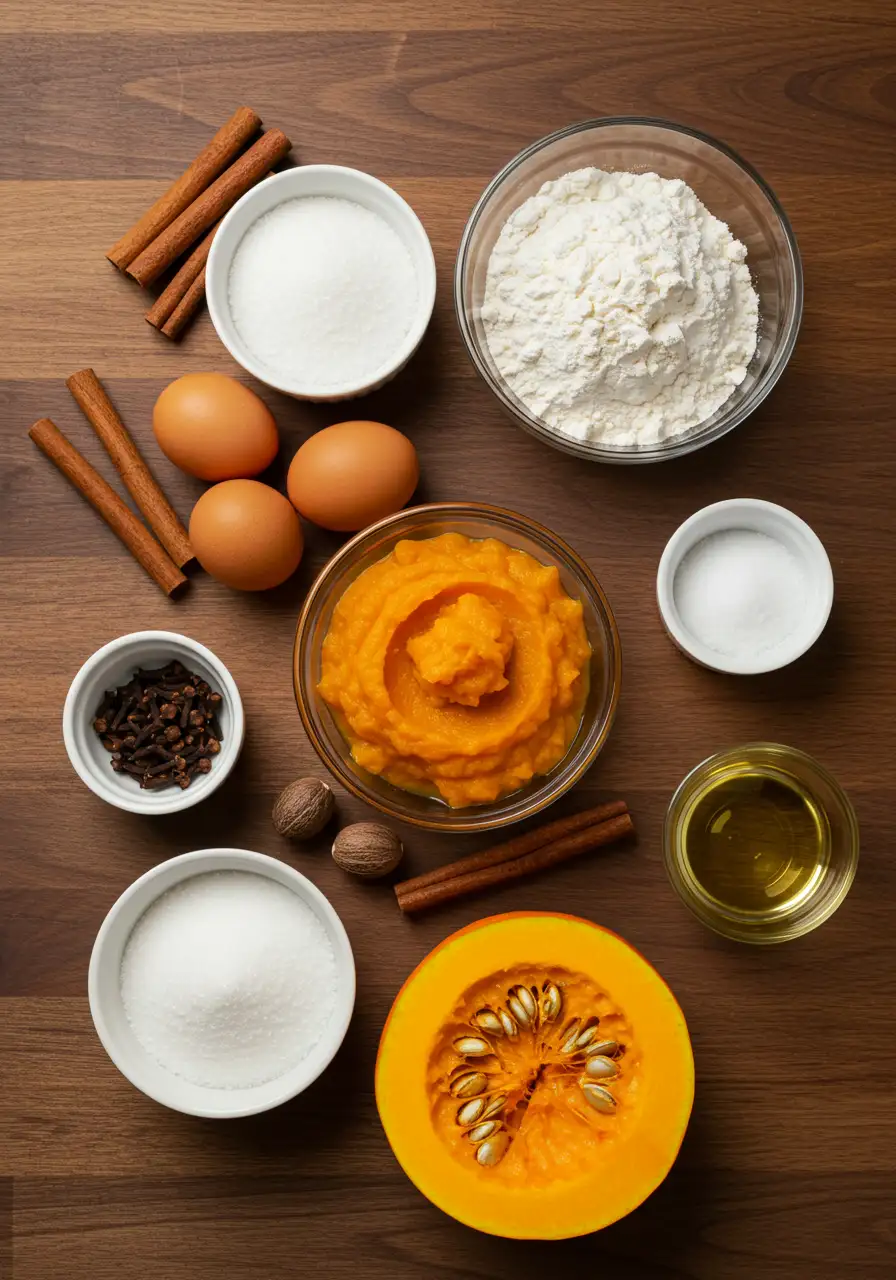 Pumpkin Bars Ingredients.webp Flat lay of pumpkin purée, flour, sugar, eggs, and spices for homemade pumpkin bars