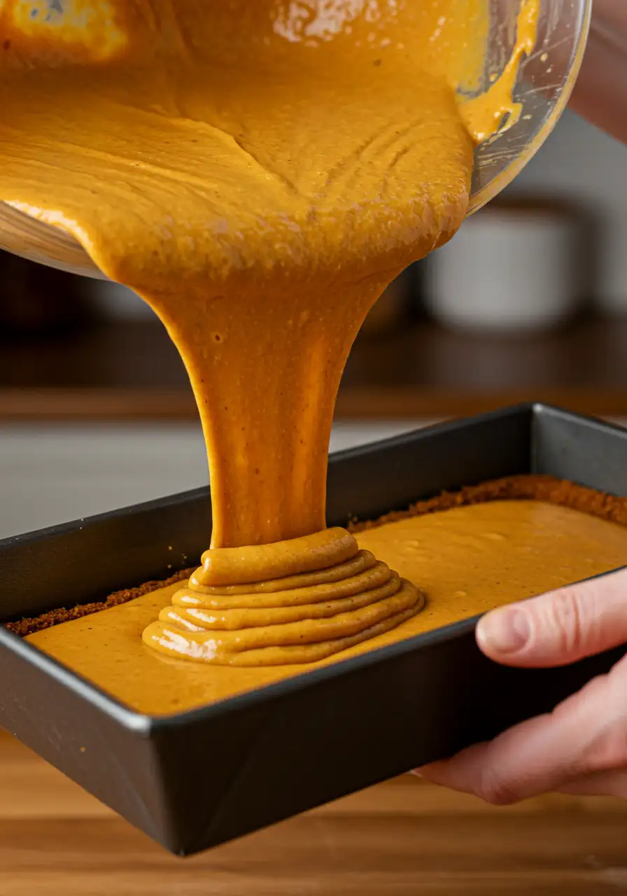 Pumpkin Bars Baking Process.webp Pumpkin bar batter being poured into a baking pan, step-by-step preparation