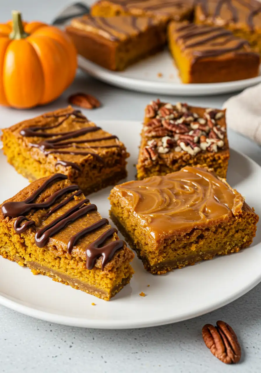 Pumpkin Bars Variations.webp Pumpkin bars topped with chocolate drizzle, pecans, and caramel swirl for fall variations