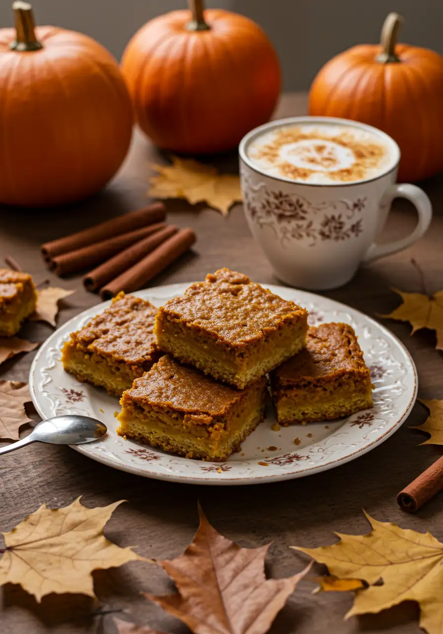 Pumpkin Bars Served with Pumpkin Spice Latte.webp Homemade pumpkin bars with cream cheese frosting served on a plate with a pumpkin spice latte