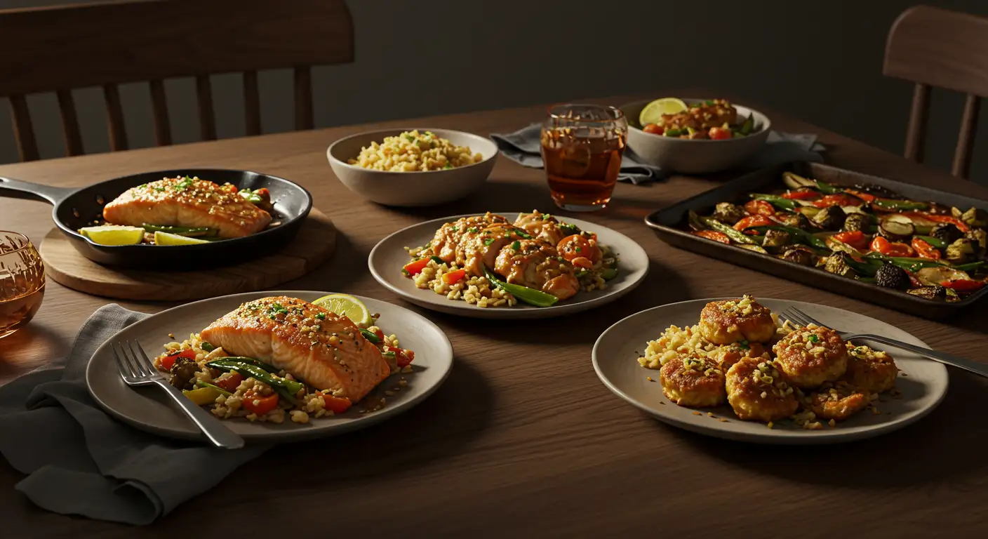 Quick family dinner recipes including honey-garlic salmon, chicken rice bowls, garlic-Parmesan bites, and roasted sheet pan vegetables served on a wooden table.