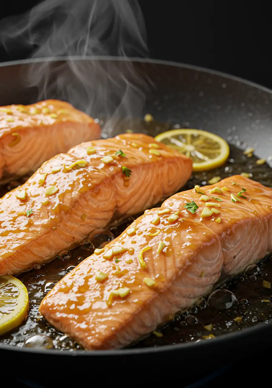 Close-up of honey-garlic salmon fillets cooking in a skillet with lemon slices and fresh herbs, steaming and glazed with sauce.