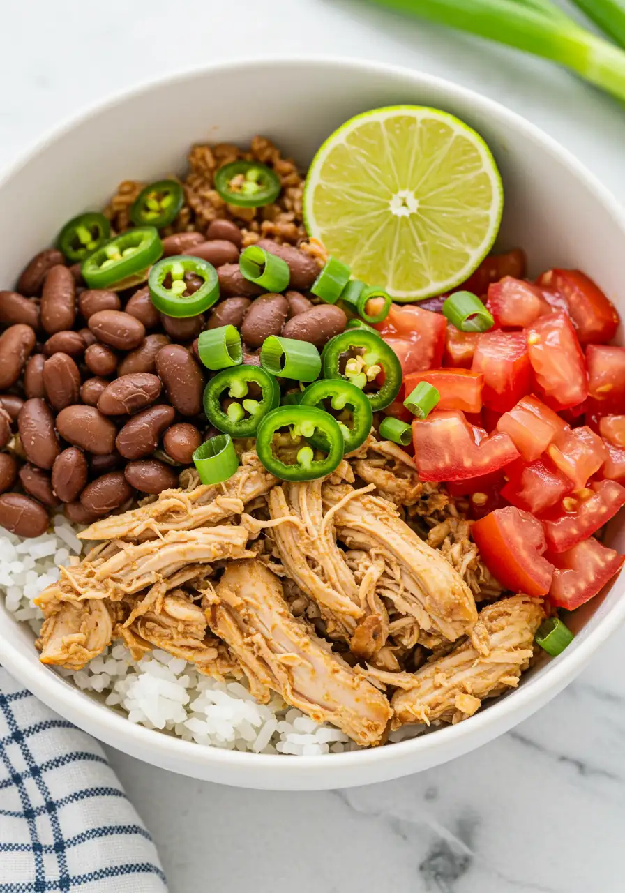 Close-up of a chicken rice bowl with shredded chicken, pinto beans, diced tomatoes, sliced jalapeños, green onions, and lime served over white rice.