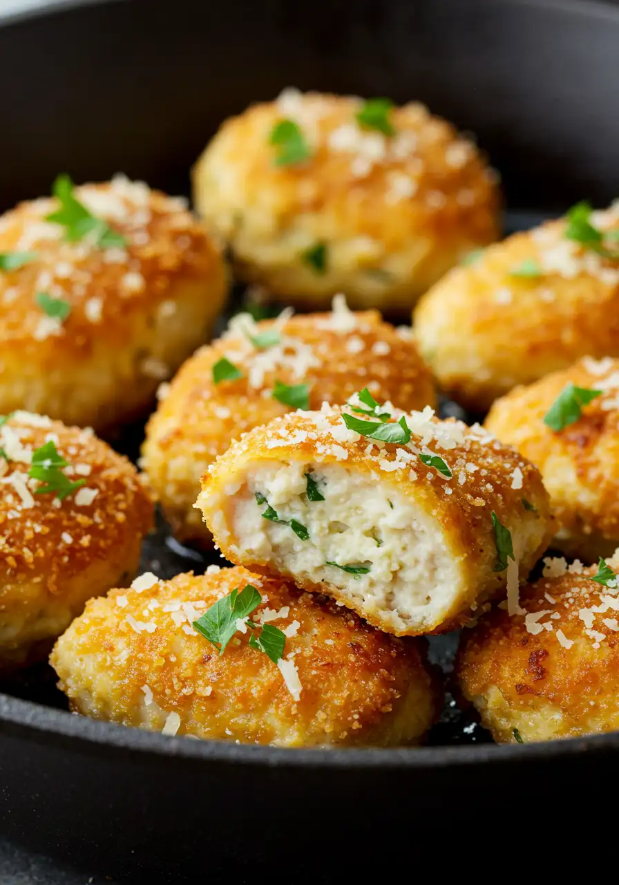 Golden-brown garlic-Parmesan chicken bites garnished with parsley and sprinkled with cheese in a skillet.
