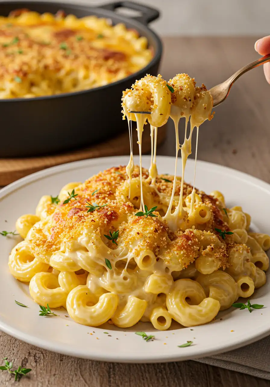 Close-up of creamy baked macaroni and cheese with golden breadcrumbs, melted cheese stretching from a fork, served on a white plate.