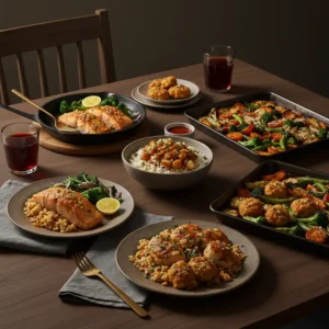 Plated honey-garlic salmon, garlic-Parmesan chicken bites, and sheet pan sausage with vegetables served on a wooden dinner table