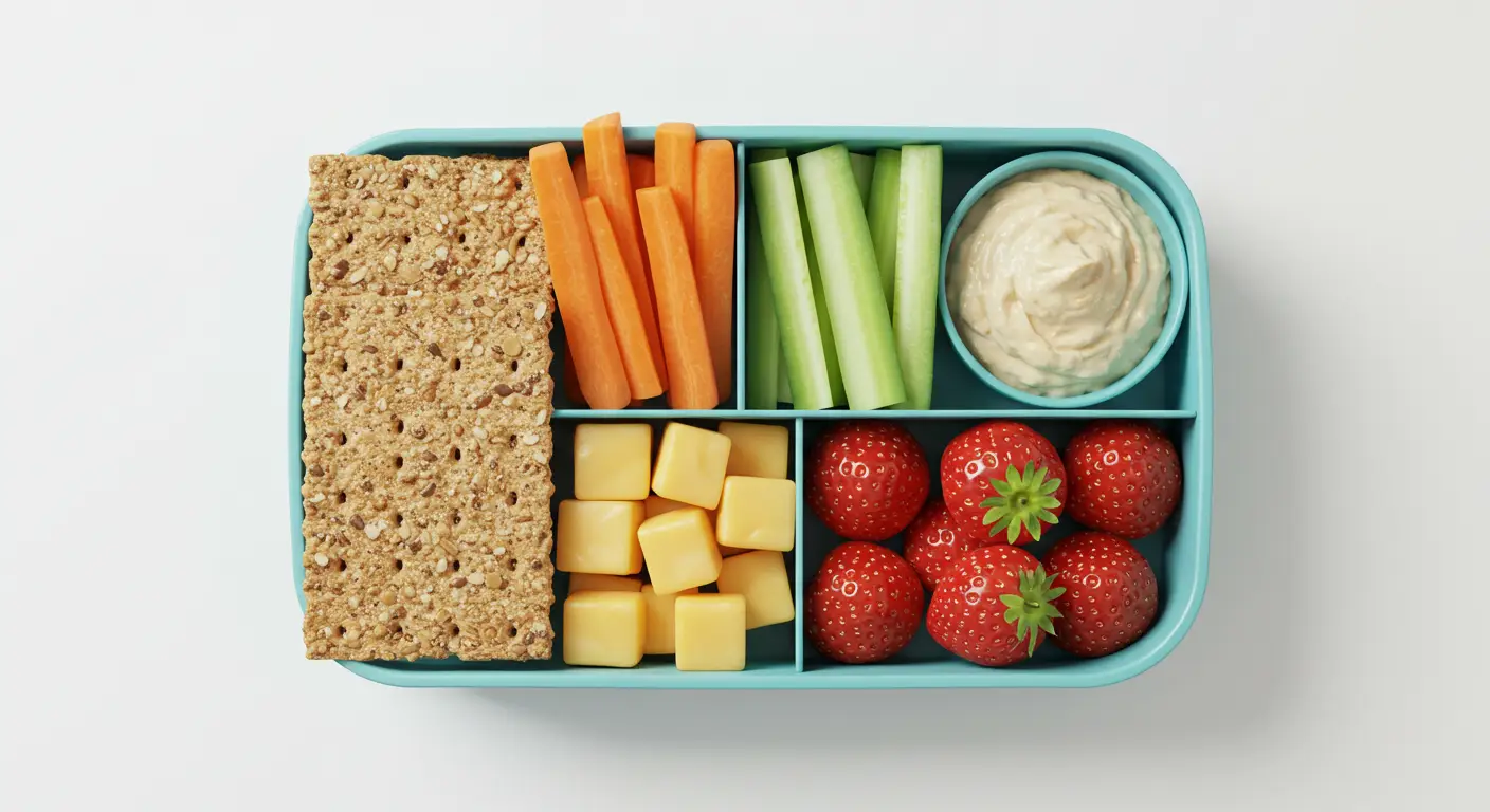 Colorful preschool lunchbox with whole grain crackers, cheese cubes, carrot sticks, cucumber slices, hummus, and strawberries arranged neatly in compartments.