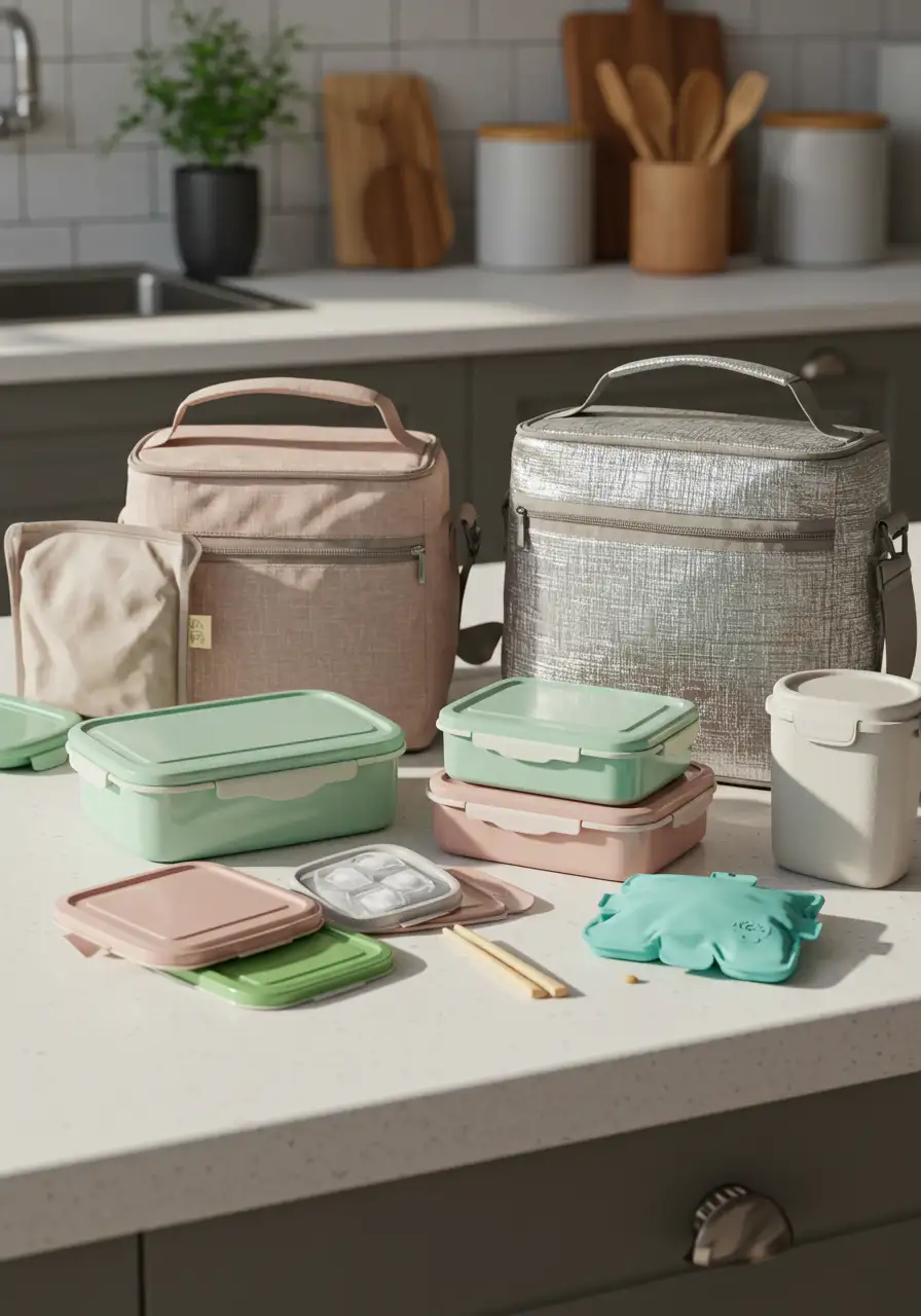 Bento containers, insulated lunch box, ice packs, and kid-friendly utensils on a kitchen counter