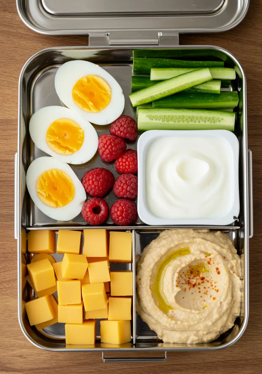 Preschool lunch plate with hard-boiled eggs, cheese cubes, Greek yogurt, and veggie sticks with hummus