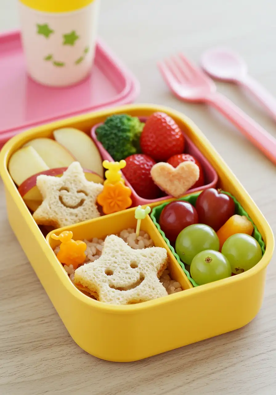 Bento box with star-shaped fruits, heart-shaped cucumber slices, colorful veggies, crackers, and cheese cubes