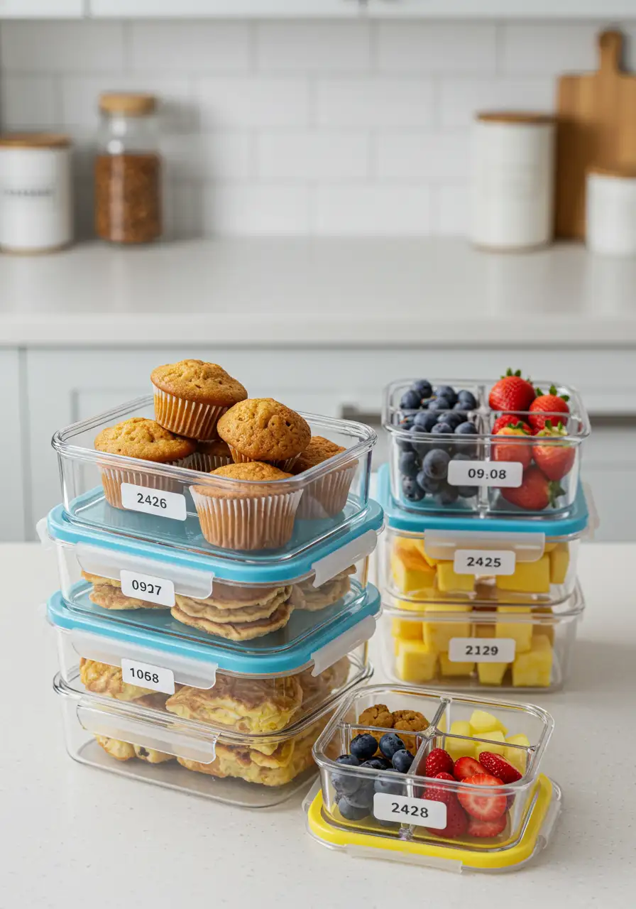 Airtight containers with muffins, pancake strips, veggie quiches, and energy bites on a kitchen counter